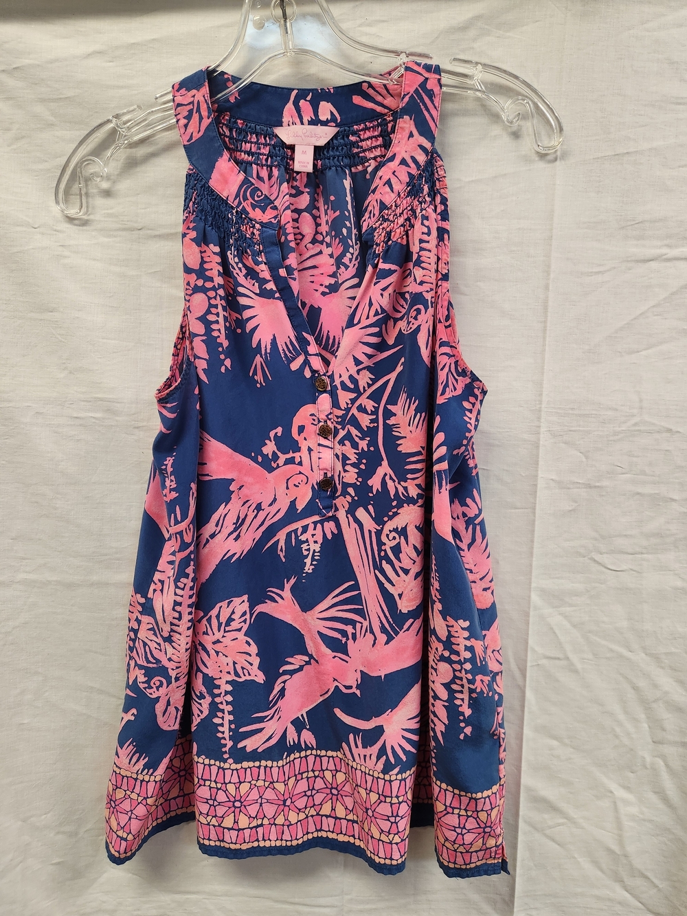 Lilly Pulitzer Navy and Pink Tropical Parrot Print Sleeveless Top